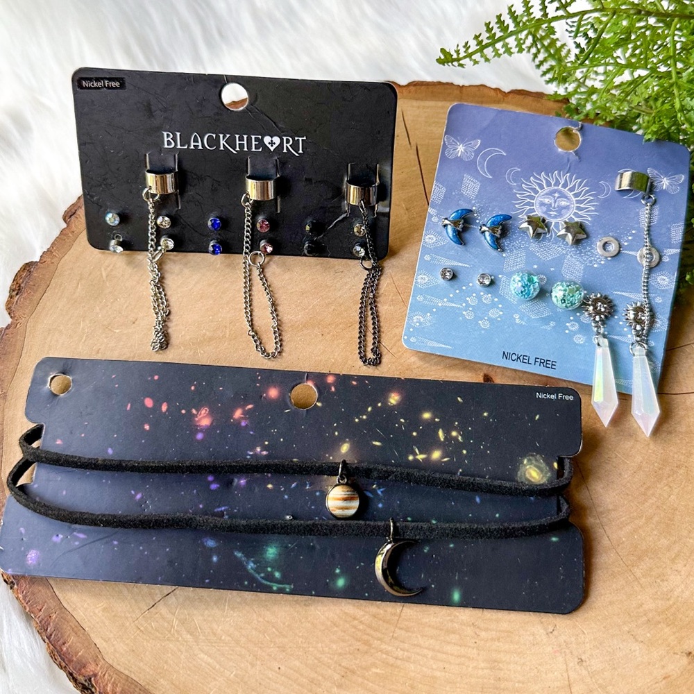 Blackheart Goth Crystal Dangle Stud Earrings w/ Cuff Set Moon Planet Choker Set